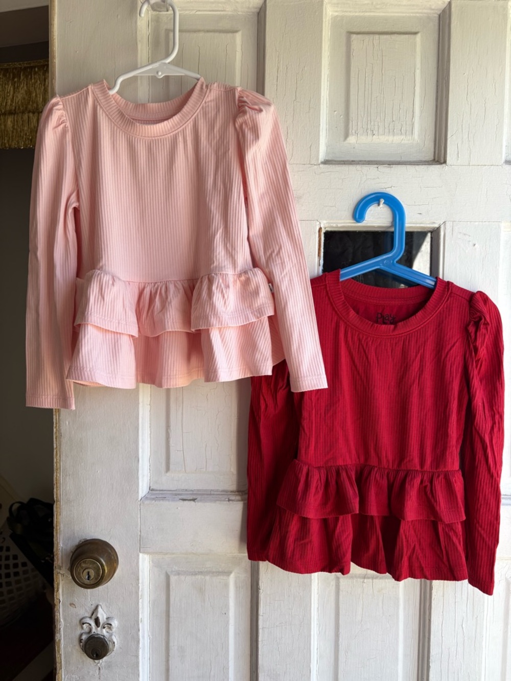 Kids Long-Sleeve Ruffle Peplum Top - Pink & Red Set